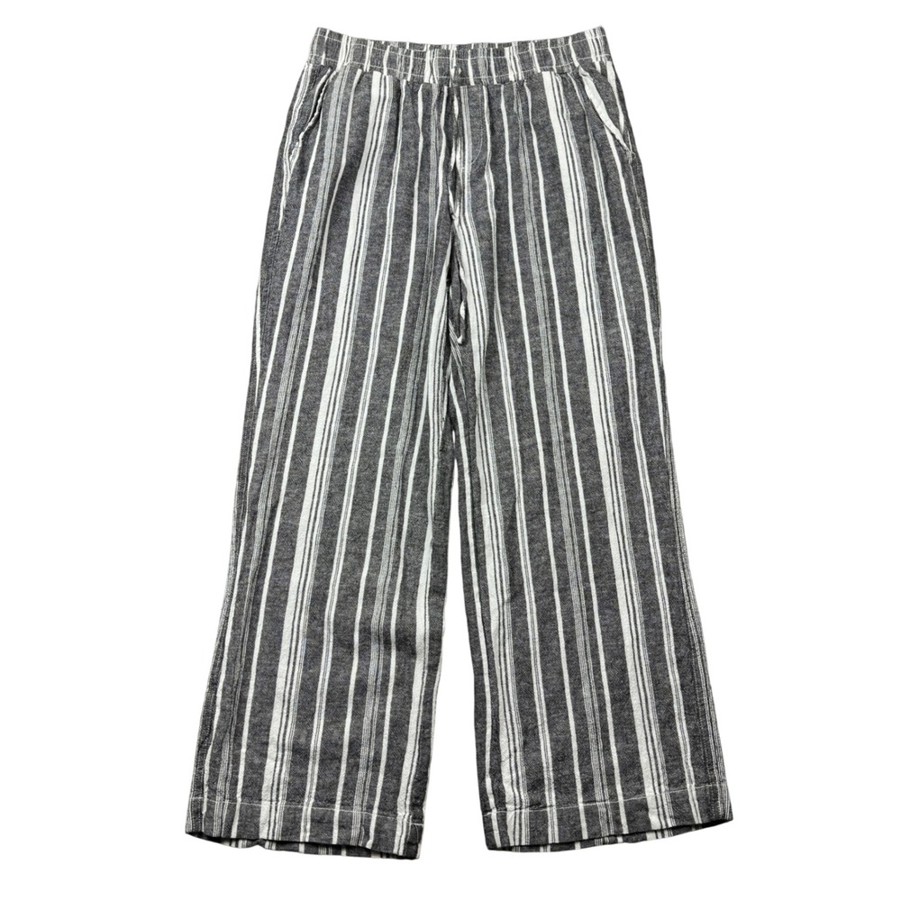 Briggs Womens Large Striped Linen Blend Wide Leg Pull On Pants Grey White Boho